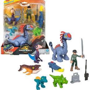 Fisher-Price Imaginext Jurassic World Action Forth مجموعة من الإنسان بحجم 3 بوصات ، 5 ديناصورات ، قاذفة ألعاب وإكسسوارات
