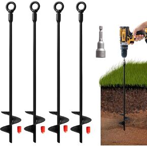 VASGOR 18" Ground Anchors (4pcs) Easy to Use with Drill, 30mm Diameter, Heavy Duty Anchor Hook for Camping Tent, Canopies, Car Ports, Sheds, Swing Sets, Securing Animals – Black Powder Coated