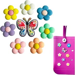 8Pcs bogg bag accessories, bitty bogg bag, bogg charms for tote bags, Washable Flowers and 4D butterflies, used for bogg bags for women, EVA rubber beach bag