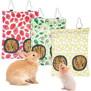 3Pcs Rabbit Hay Feeder Bags,Hanging Guinea Pig Hay Bags,Washable Bunny Hay Bags with 2 Holes for Rabbits Chinchillas Hamsters and Other Small Pets