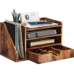 Wood Desk File Organizer with Side File Rack, Space-Efficient Design Easy to Assemble for Efficient Office Setup, Reduces Desk Clutter (Brown)