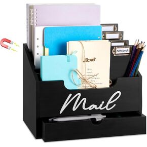 Large Magnetic Desktop Mail Organizer with 4 Compartments Drawer Sheet 11 x 8.7 x 7 Inches Magnetic Wood Mail Sorter Holder Organizer for Fridge Desk Countertop Office Files Paper Folder