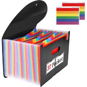 37-Pocket Expanding File Folder with Labels, A4/Letter Size Accordion Document Organizer, Portable Black Folder for Office, Travel, Business, School & Home