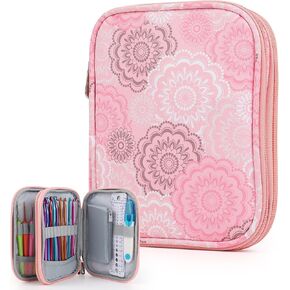 Katech Crochet Hook Case-Empty Zipper Bags Portable Travel Crochet Storage Bag Organizer with Web Pocket and Crochet Hook Holder Slots for Carrying Crochet Needles (Up to 7'')