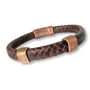 Braided Leather and Antique Copper Bracelet for Men with Magnetic Clasp. Personalized Braided Leather Bracelet with Antique Copper Magnetic Clasp – Engravable Sliders, Unisex Jewelry