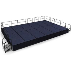 National Public Seating SG482412C-04-SS10 16 x 24 ft. Blue Carpet Stage with Black Shirred Pleat Skirting 24 in. Height