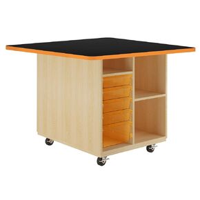 Diversified Spaces Intermix Mobile Collaboration School Workstation, 48"x48"x30'' Open Storage W/ 6 Totes, Top Black, Edge Black, Carrot Totes, Solid Oak, 4 Casters, Makerspace, Art, Classroom