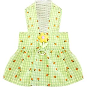 Cute Floral Small Dog Dress with D-Ring Plaid Princess Girl Dog Harness Dress Spring Summer Breathable Pet Puppy Clothes(Green,Medium)