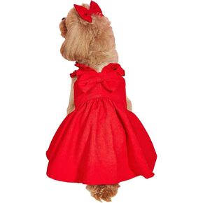 GORGLITTER Bow Dog Dress Ruffle Trim Princess Dress Pet Clothes with Bow Clip Red Medium