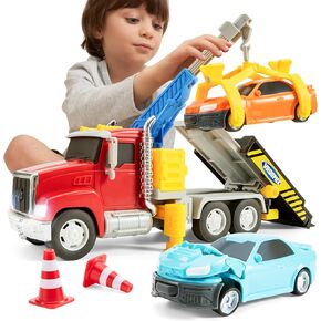 Kids Toys for 3 4 5 6 7 Years Old Boys, Tow Truck with 2 Transformation Cars and Multi-Functional Trailer, Crane Toy with Lights and Sounds, Toddlers Gifts