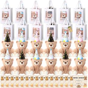 HyDren 12 Sets Adopt a Bear Favors Includes 10 Inch 12 Mini Stuffed Bear Plush Bulk Adoption Cards Birthday Hats with Bags for Adopt a Pet Party Birthday Supplies Gifts