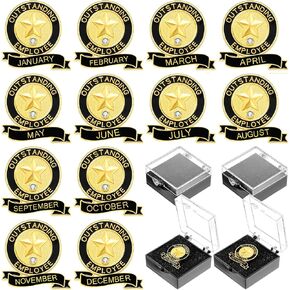 12 Set Employee of The Month Lapel Pin with Clear Plastic Gift Box Staff Recognition Appreciate Pin for Excellence in Service and Award Staff Team Gift