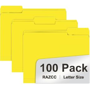 File Folder, RAZCC 100 Pack 1/3 Cut Tab File Folders Letter Size, Yellow, Folders with Tab, Great for Organizing and Easy File Storage