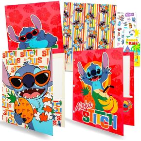 Lilo & Stitch School Folder Set - Disney Pocket Folder Bundle Includes 4 Laminated Stitch Plastic Portfolios, Stickers, More School Supplies for Kids