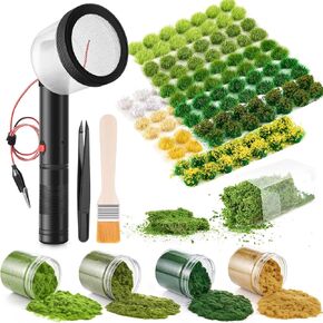 طقم تقليدي من Mootycapa Static Grass Flocking Kit مع 4 × 60 غرام من العشب ، 126pcs خصلات كثيفة ثابتة ، 50 جرام شجيرات مصغرة لشجيرات DIY النمذجة ذات المناظر الرملية المنحوتات المناظر الطبيعية