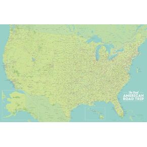USA Road Trip & Travel Highway Tracing Map 24x36 Poster (Tan & Slate Blue)