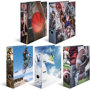 HERMA A4 Lever Arch File Assortment, Pack of 5, 70mm Spine, Heavy Duty Folder with Sport Motif, Glossy Finish & Inner Print, Kids Ring Binder, Archiving Folder & Storage File Organizer