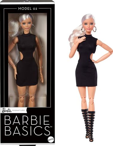 Barbie Basics Model 02 Collector Doll with Blonde Hair, Black Mini Dress & Gladiator Boots, Universal-fit Fashions, Posable Body & Swappable Doll Head in Saudi Arabia