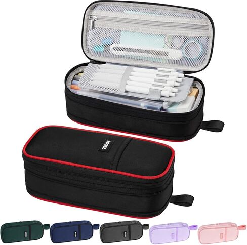 Sooez Large Pencil Case Pouch, Big Capacity Pencil Bag, Portable Stationery Pen Pouch with 4 Compartments, Sturdy Pen Holder Organizer with Handle, Aesthetic School Supplies for Boys Teen Adult, Black in Saudi Arabia