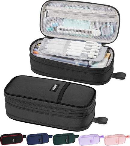 Sooez Large Pencil Case Pouch, Big Capacity Pencil Bag, Portable Stationery Pen Pouch with 4 Compartments, Sturdy Pen Holder Organizer with Handle, Aesthetic School Supplies for Boys Teen Adult, Black in Saudi Arabia