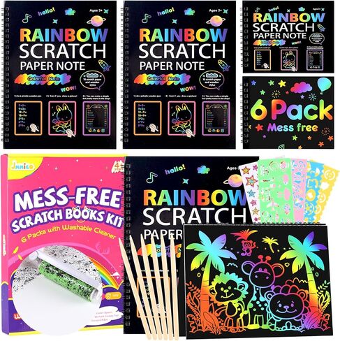 Scratch Art Books for Kids, 6 Packs Rainbow Scratch Notebook, Crafts Kit with Reusable Cleaner Tool, Mess-Free Art Crafts for Kids Ages 4-8, Travel, Gifts for 4 5 6 7 8 9 Year Old Girl Boy in Saudi Arabia