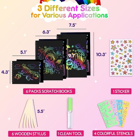 Scratch Art Books for Kids, 6 Packs Rainbow Scratch Notebook, Crafts Kit with Reusable Cleaner Tool, Mess-Free Art Crafts for Kids Ages 4-8, Travel, Gifts for 4 5 6 7 8 9 Year Old Girl Boy in Saudi Arabia