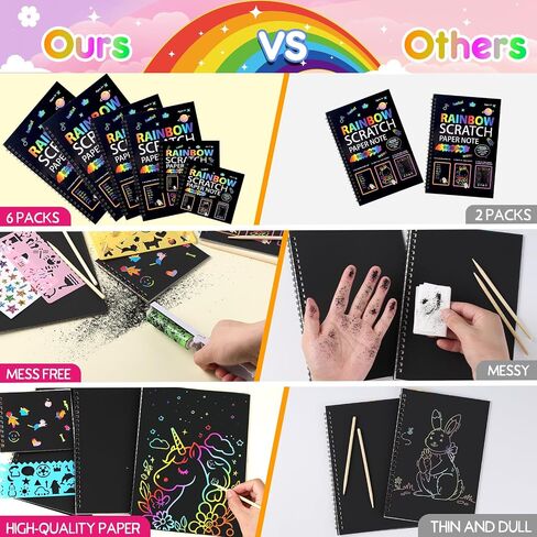 Scratch Art Books for Kids, 6 Packs Rainbow Scratch Notebook, Crafts Kit with Reusable Cleaner Tool, Mess-Free Art Crafts for Kids Ages 4-8, Travel, Gifts for 4 5 6 7 8 9 Year Old Girl Boy in Saudi Arabia