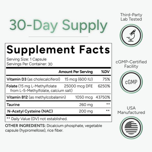 L-Methylfolate 15mg (Bioactive B9 Folate) plus Methyl B12, D3, Taurine & NAC | Professional Strength Active 5-MTHF Supplement | Supports Mood, Nerve Health, Cognition & Methylation* | 60 Capsules in Saudi Arabia