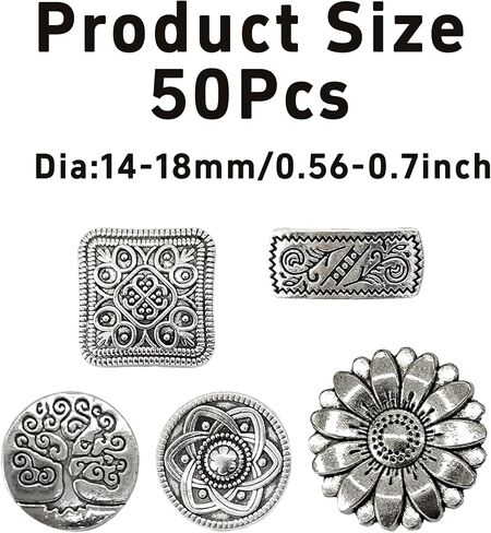 PSON 50PCS أزرار جولة معدنية مختلطة ، أنماط زهرة محفورة للخياطة ، الصياغة ، المعاطف ، الجينز ، مشاريع DIY (الذهب العتيق) in Kuwait