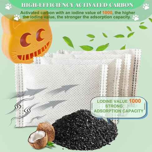 Unscented Cat Litter Box Deodorizer Kit Stick-On Activated Carbon Odor Eliminators Compatible with most manual and automatic litter boxes (4 Refills+ 1 Box) (Orange, Unscented) in Saudi Arabia