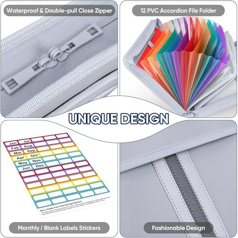 BALEINE Fireproof Document Organizer with Handle, 12 Pockets PVC Accordion File Organizer with Labels, Waterproof Fireproof Document Bag for A4/Letter Files in Travel, Office, Home (Black) in Kuwait