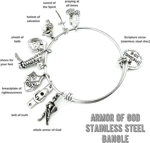 Armor of God Stainless Steel Adjustable Bangle Charm Bracelet Scripture Verse Christian Gift for Her (without Bible Book Bead) in Kuwait