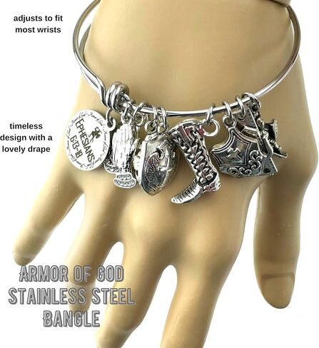 Armor of God Stainless Steel Adjustable Bangle Charm Bracelet Scripture Verse Christian Gift for Her (without Bible Book Bead) in Kuwait