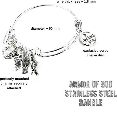 Armor of God Stainless Steel Adjustable Bangle Charm Bracelet Scripture Verse Christian Gift for Her (without Bible Book Bead) in Kuwait
