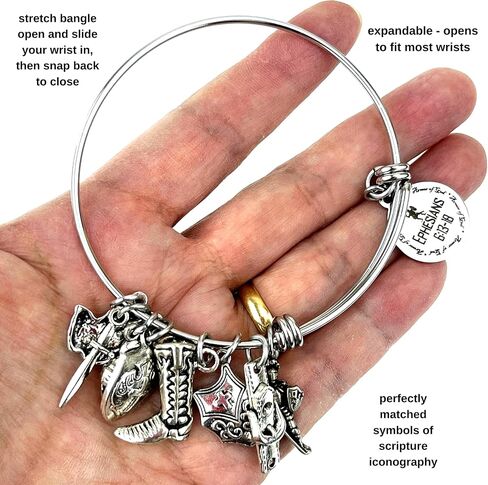 Armor of God Stainless Steel Adjustable Bangle Charm Bracelet Scripture Verse Christian Gift for Her (without Bible Book Bead) in Kuwait