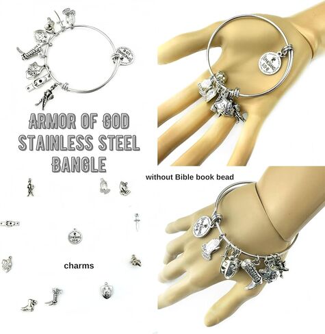 Armor of God Stainless Steel Adjustable Bangle Charm Bracelet Scripture Verse Christian Gift for Her (without Bible Book Bead) in Kuwait
