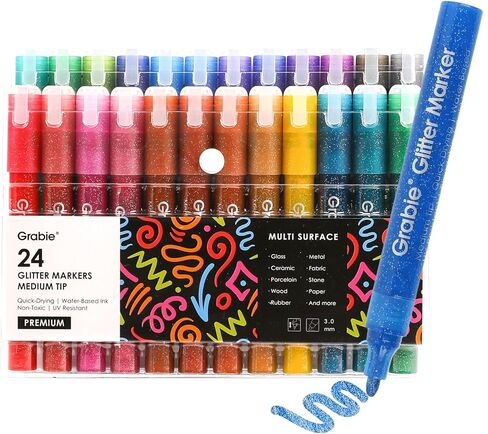 24 Glitter Metallic Markers, Medium Tip Glitter Acrylic Paint Markers, Quick-Drying Water-based Ink Glitter Pens for Adults, DIY Crafts Making in Kuwait