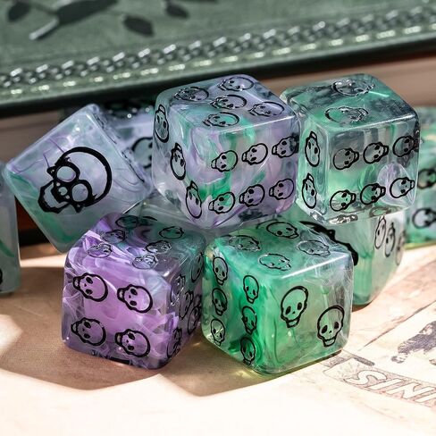 10pc 16mm D6 DICE SET ، 6 -Side Dice Standard 6 Side مع حقيبة جلدية محمولة ، نمط جمجمة ، لعبة D&D RPG Tabletop أو تدريس الرياضيات (الأخضر والأرجواني) in Kuwait