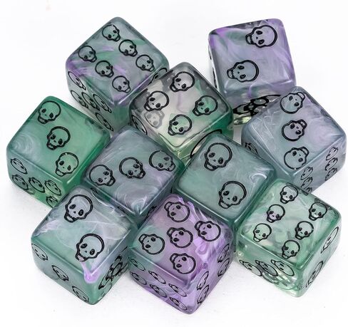 10pc 16mm D6 DICE SET ، 6 -Side Dice Standard 6 Side مع حقيبة جلدية محمولة ، نمط جمجمة ، لعبة D&D RPG Tabletop أو تدريس الرياضيات (الأخضر والأرجواني) in Kuwait