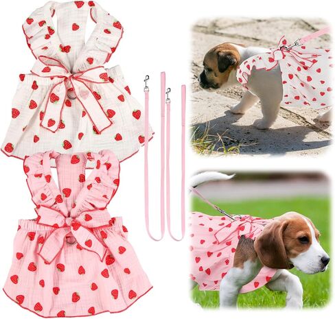 2pcs Girl Dog Dresses, Strawberry Printed Dog Clothes with Bow Decoration Cotton Puppy Clothes Pink Cat Clothes Pet Dress for Small Medium Large Extra Large Dog and Cat (S) in Saudi Arabia