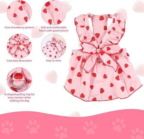 2pcs Girl Dog Dresses, Strawberry Printed Dog Clothes with Bow Decoration Cotton Puppy Clothes Pink Cat Clothes Pet Dress for Small Medium Large Extra Large Dog and Cat (S) in Saudi Arabia