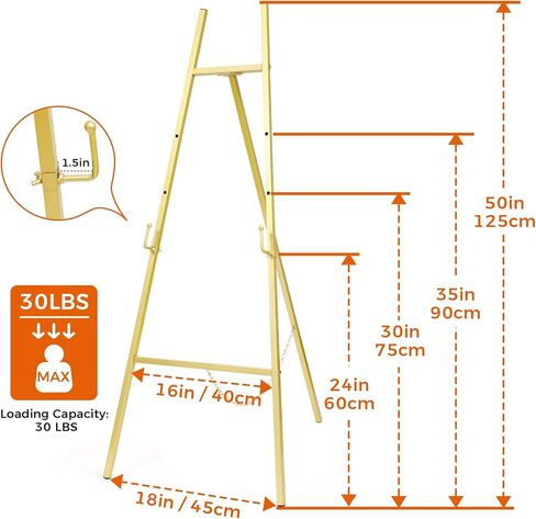 Artasy 50 "Gold Easel Stand لعلامات الزفاف ، والملصقات ، والفنان المحمول Easel للطلاء اللوحة ، و Metal Display Easel للمنزل والمكتب in Kuwait