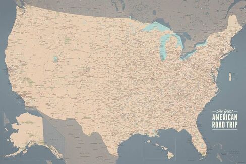 USA ROAD TRIP & TRAVEL HIGHTWAY TRACE TRACE MAP 24 × 36 ملصق (TAN & SLATE Blue) in Kuwait