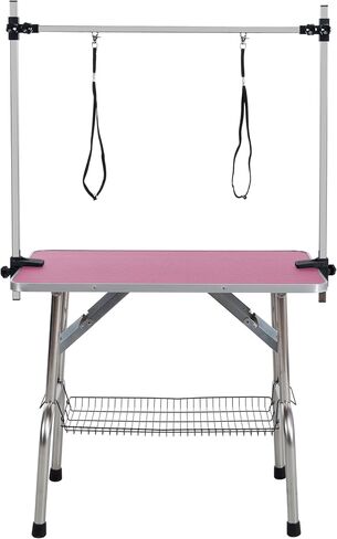 42" Folding Dog Pet Grooming Table Stainless Steel Frame Rubber Mat on Board with Adjustable Arm and Clamps pet Dog Cat Grooming Table (Pink Color) in Saudi Arabia