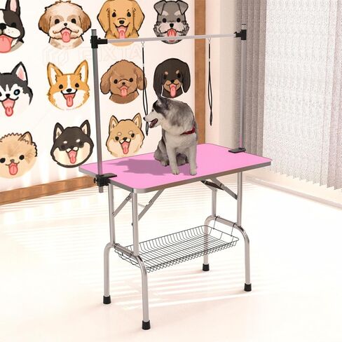 42" Folding Dog Pet Grooming Table Stainless Steel Frame Rubber Mat on Board with Adjustable Arm and Clamps pet Dog Cat Grooming Table (Pink Color) in Saudi Arabia