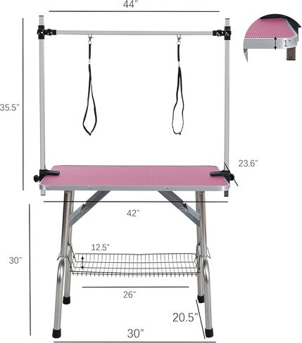 42" Folding Dog Pet Grooming Table Stainless Steel Frame Rubber Mat on Board with Adjustable Arm and Clamps pet Dog Cat Grooming Table (Pink Color) in Saudi Arabia