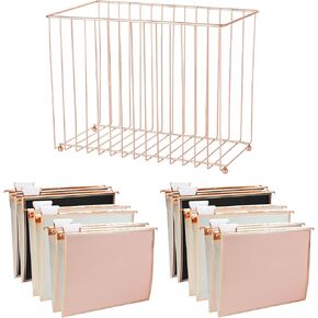 Y YOMA 1 Pack Rose Gold Desktop Hanging File Organizer | 12 Pack Rose Gold Hanging File Folders with Tabs & Insert | Letter Size Metal File Kit for Desk Home Office, I Shaped