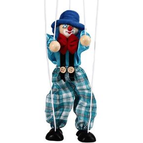 Funny Colorful Pull String Puppet Vintage Clown, Wooden Marionette Handcraft Toy with Joint Activity for Baby Boys or Girls (blue)