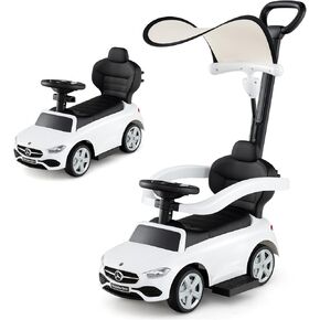Costzon Push Car for Toddlers, 3 in 1 Mercedes Benz Stroller Sliding Walking Car w/Canopy, Handle, Safety Bar, Horn Sound, Underneath Storage, Foot-to-Floor Ride On Toy for Boys & Girls (Pink)