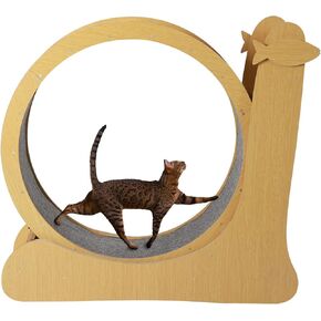 Large Cat Exercise Wheel with Carpeted Runway - Natural Wood Color. 110x34x102cm. Perfect for Kitty Fitness and Weight Loss.